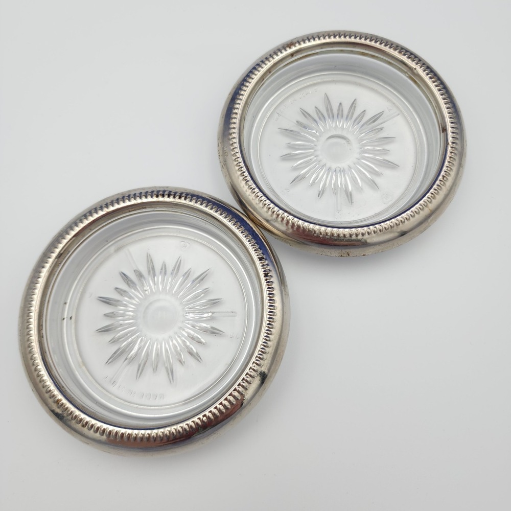 Set of 2 Glass & Brass Plated Sunburst Coasters Made in Italy Leonard